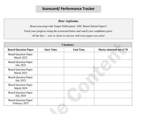 HSC Chemistry practice paper scorecard and performance from Target Publications, showing sections for board question papers.
