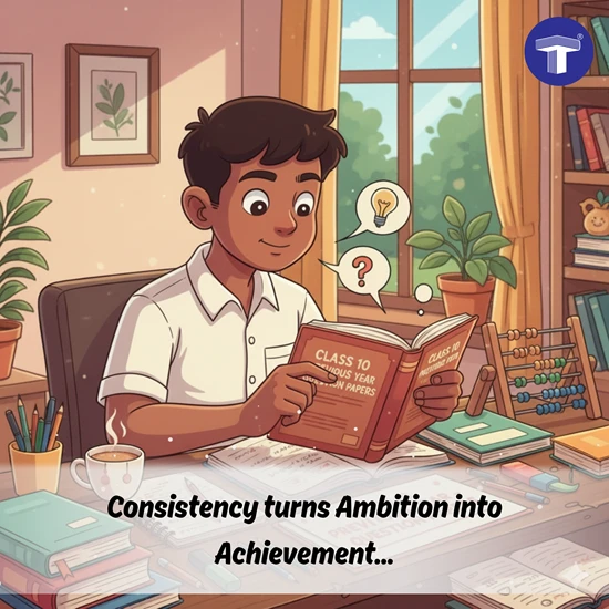 Student studies Class 10 board exam papers. Consistency for academic achievement, exam prep guide