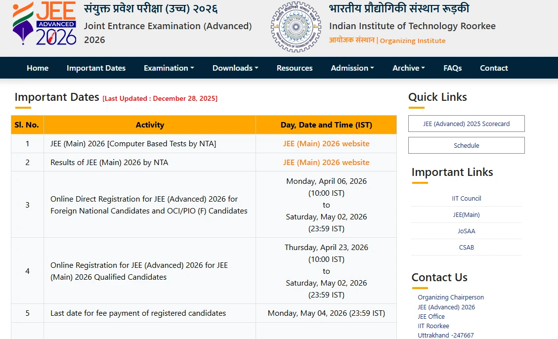 JEE Advanced 2026 important dates table showing registration, exam date, result and JoSAA counselling schedule