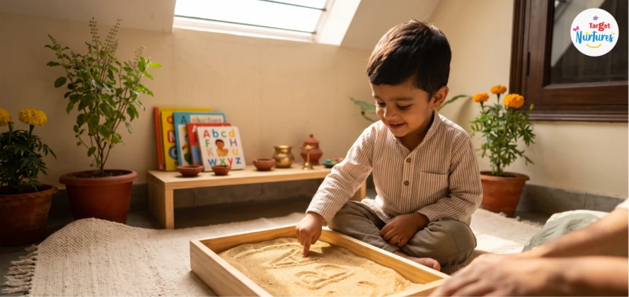 A toddler tracing alphabet letters in sand during a fun learning activity