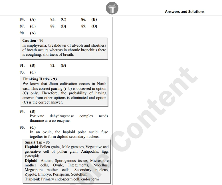 Biology solution page showing solved MCQs 84–95 with detailed explanations, plus highlighted Caution and Smart Tip sections
