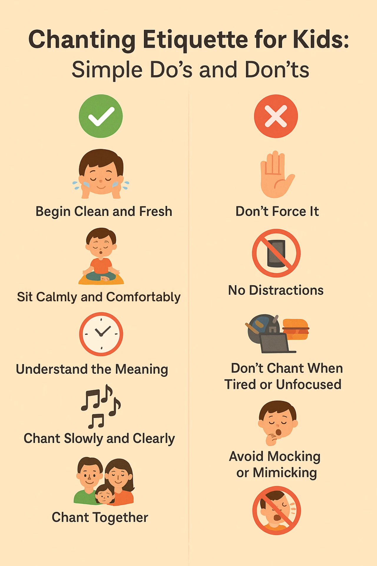 An educational infographic titled “Chanting Etiquette for Kids: Simple Do’s and Don’ts” with two columns. The left side (Do’s) includes icons and tips such as: “Begin Clean and Fresh,” “Sit Calmly and Comfortably,” “Understand the Meaning,” “Chant Slowly and Clearly,” and “Chant Together.” The right side (Don’ts) shows caution symbols next to: “Don’t Force It,” “No Distractions,” “Don’t Chant When Tired or Unfocused,” and “Avoid Mocking or Mimicking.”