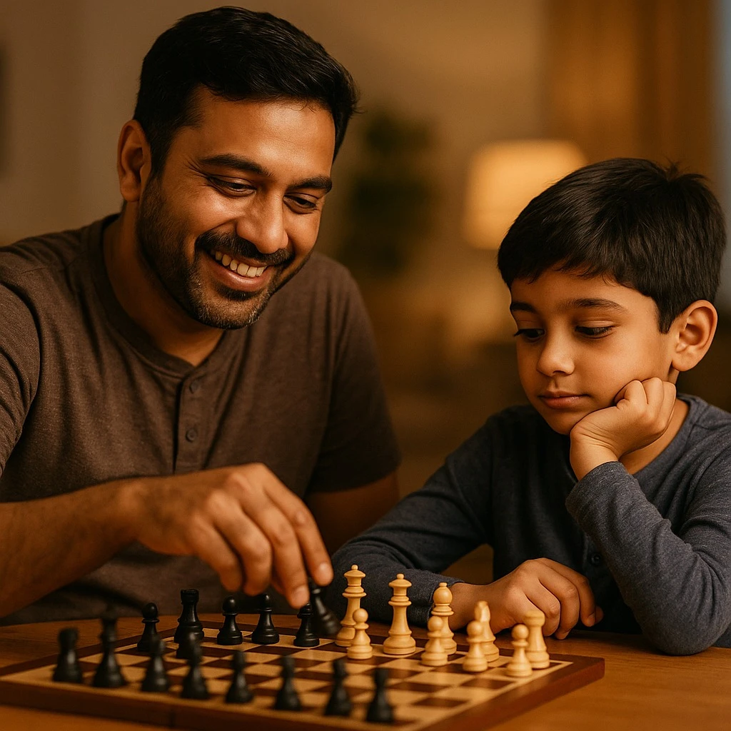 Smiling Indian father teaching his young son chess at home, as they sit together at a wooden table with the chessboard in focus