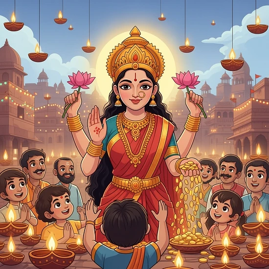 Child-friendly illustration of Goddess Lakshmi blessing people of Ayodhya as diyas glow, explaining the reason behind Diwali celebration