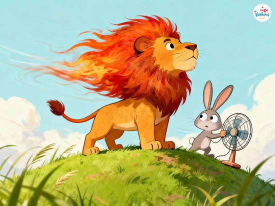 Cartoon lion with dramatic hair wind, rabbit holding a fan behind it