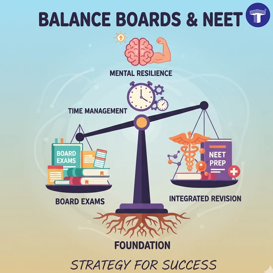 Illustration showing balance between board exams and NEET preparation through time management  and strong foundation