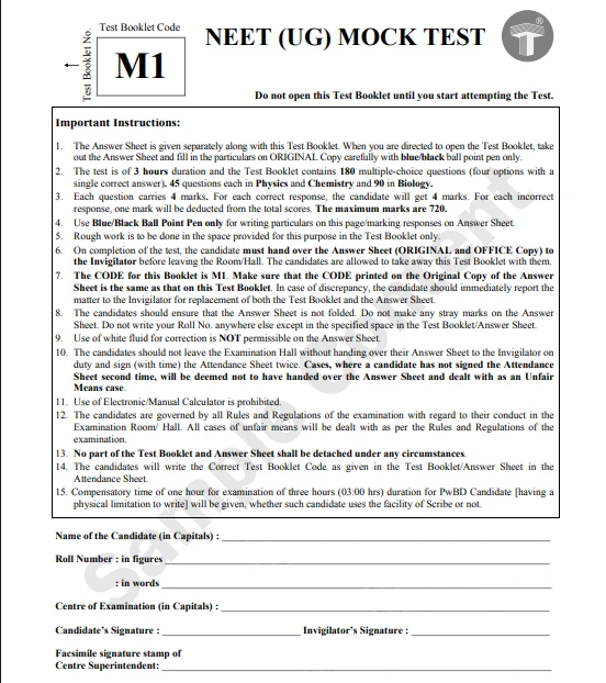 Front page of NEET UG mock test booklet showing instructions, test code M1, and candidate details section