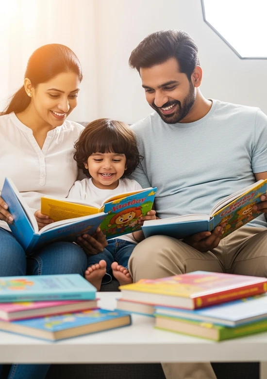 Indian mother, father, and 2–3 year old child sitting on sofa, reading colourful children’s books together in a bright, cozy living room