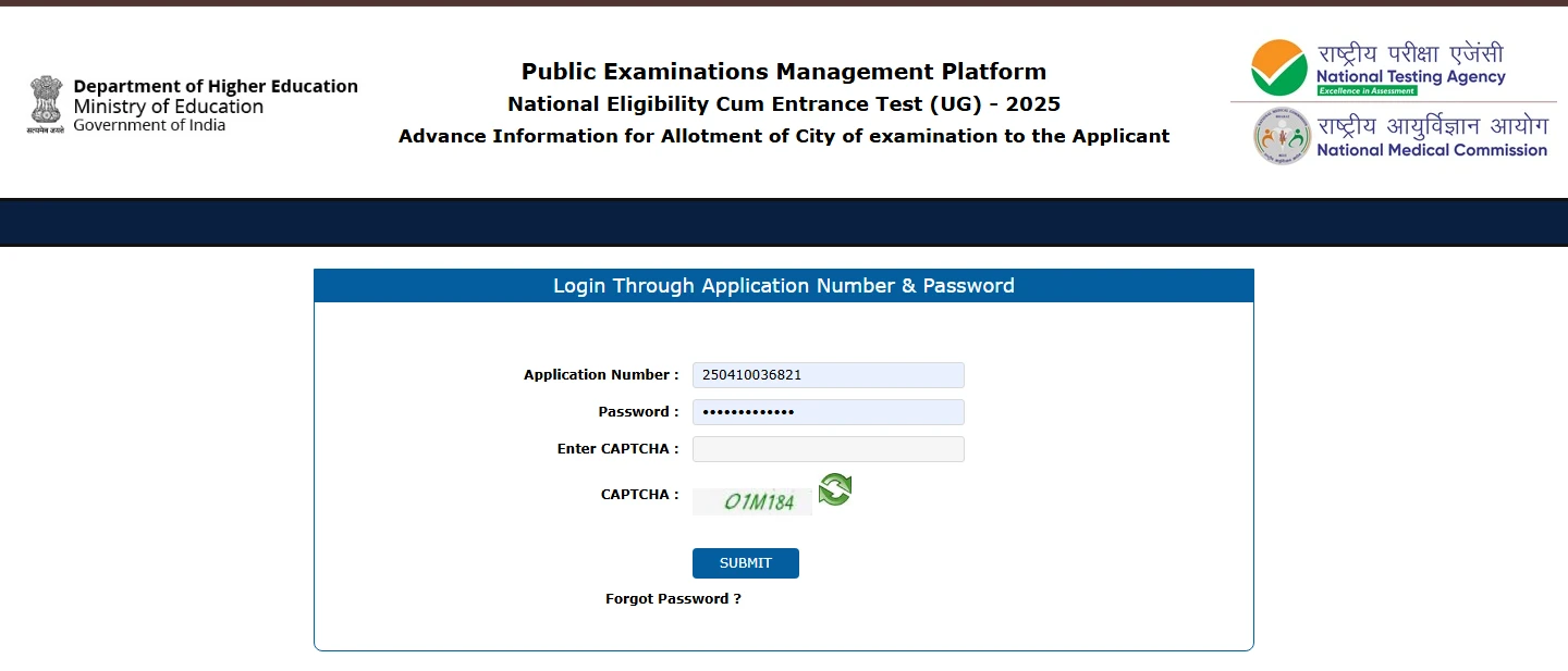 NEET (UG) 2025 Advance City Intimation download user login page
