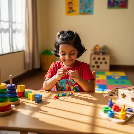 Preschool indian child threading colourful beads onto a string, focused and smiling, educational toys around, bright cheerful room, soft shadows, playful and engaging