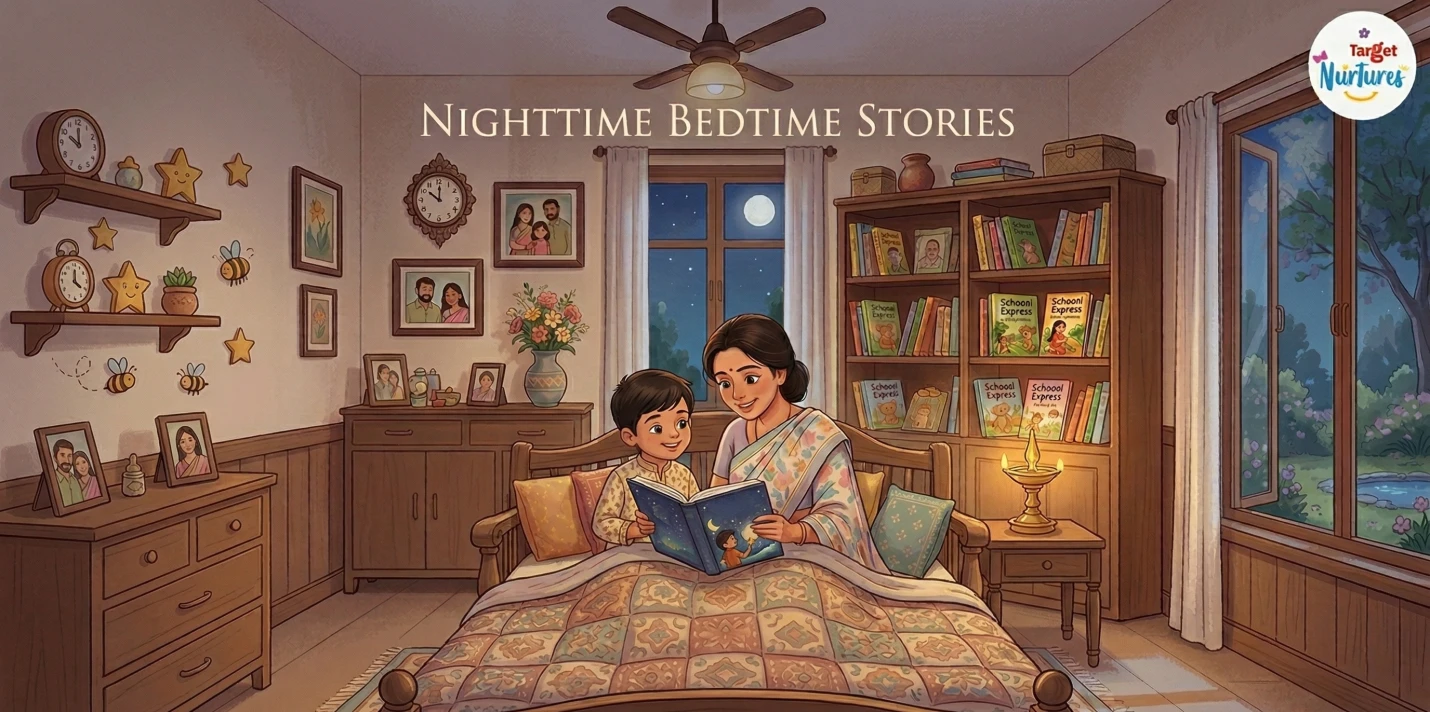 A parent reading a bedtime story to a toddler at night for better sleep