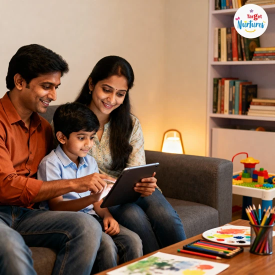 Parent and Generation Beta child using a tablet together with gentle guidance that shows balanced tech boundaries and mindful learning