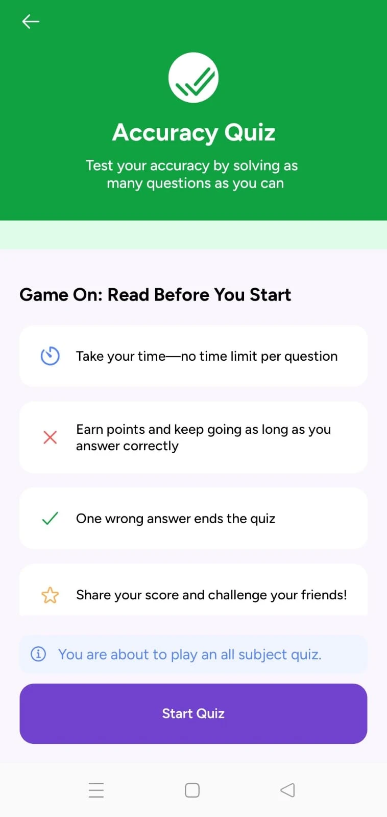 Tayari exam prep app accuracy quiz screen helping students test precision and improve performance for NEET, JEE Main and MHT CET