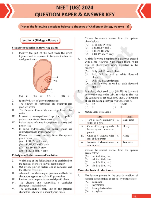 NEET UG 2024 biology question paper with MCQs on sexual reproduction, genetics, inheritance, and molecular basis.