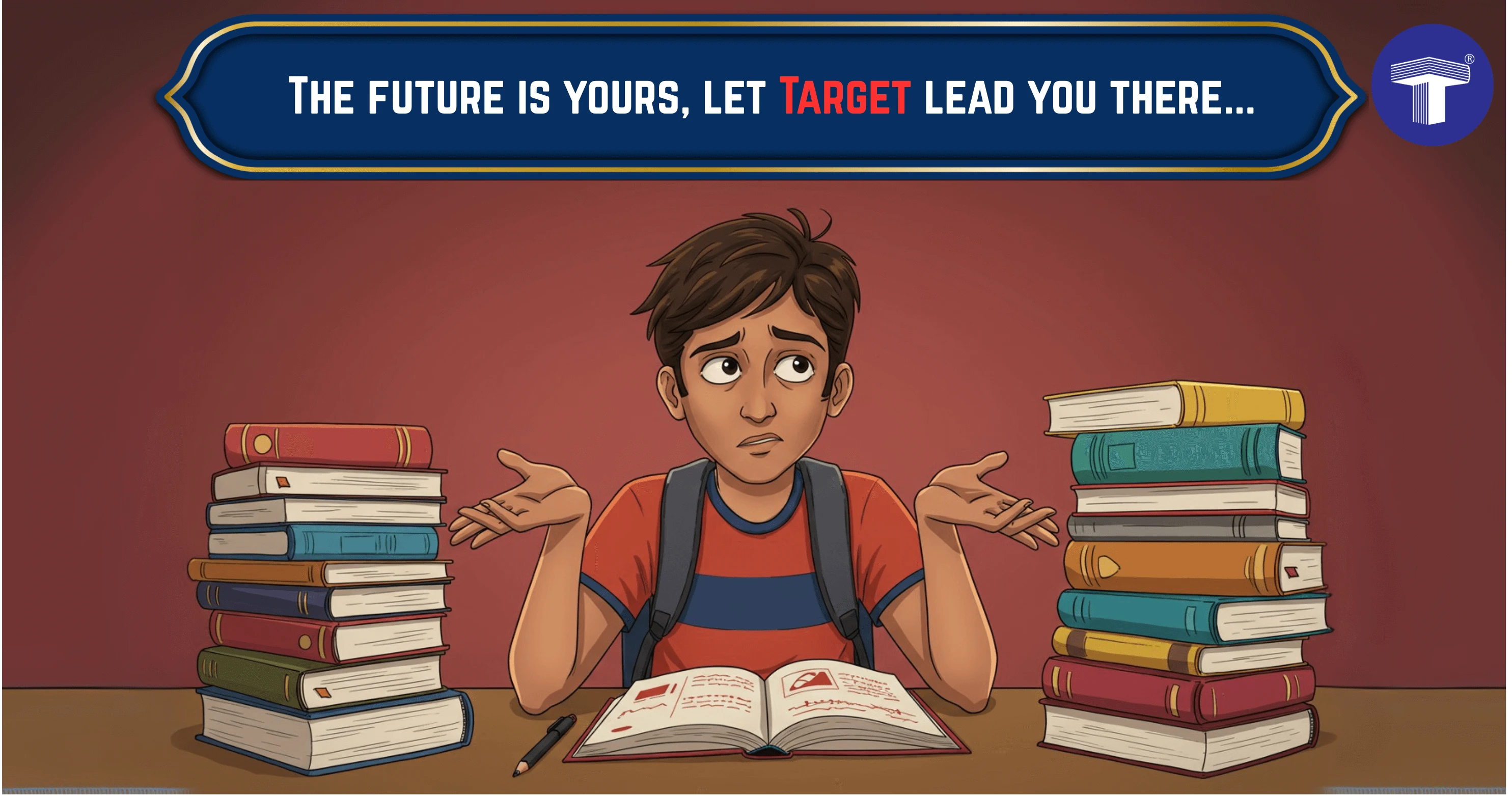 Animated student with books representing the study journey for MHT CET preparation