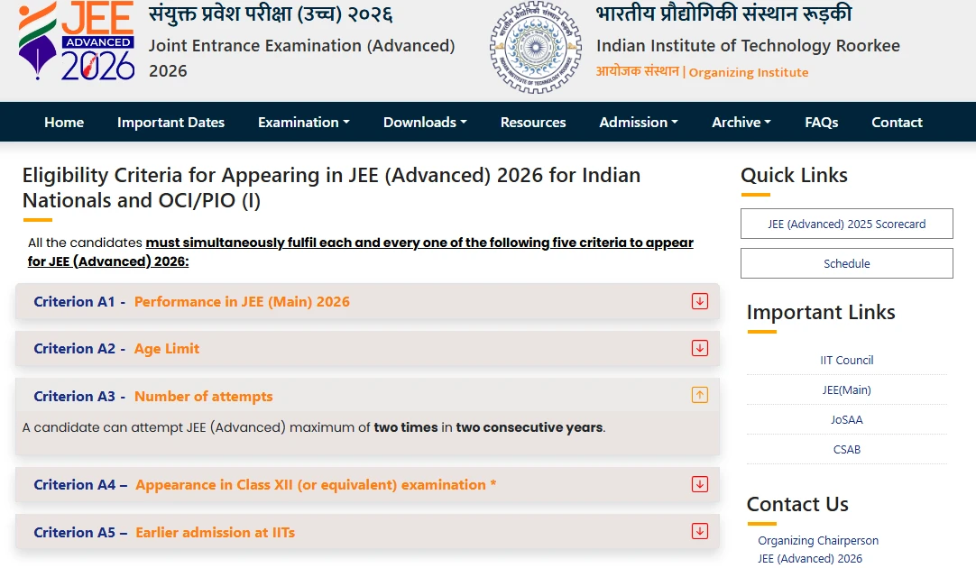 JEE Advanced 2026 eligibility criteria showing two attempts in two consecutive years rule by IIT Roorkee