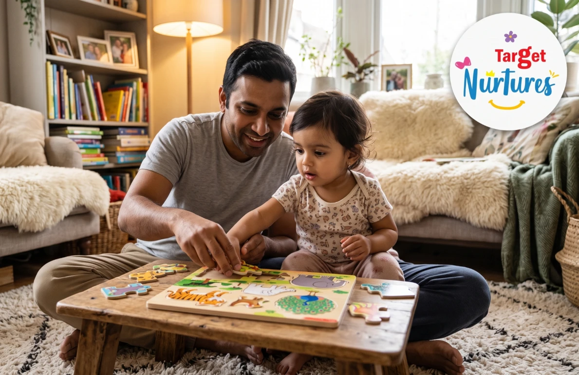 A parent and toddler doing a hands-on activity to balance screen time
