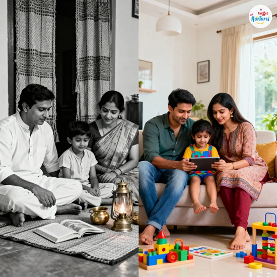 Split image showing traditional parenting vs modern parenting; left side black and white Indian family in old fashioned clothes, right side coloured modern family with gadgets, highlighting change in parenting styles