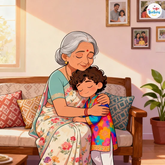 Animated grandmother hugging a young child warmly, representing the emotional safety, love, and importance of grandparents in a child’s life
