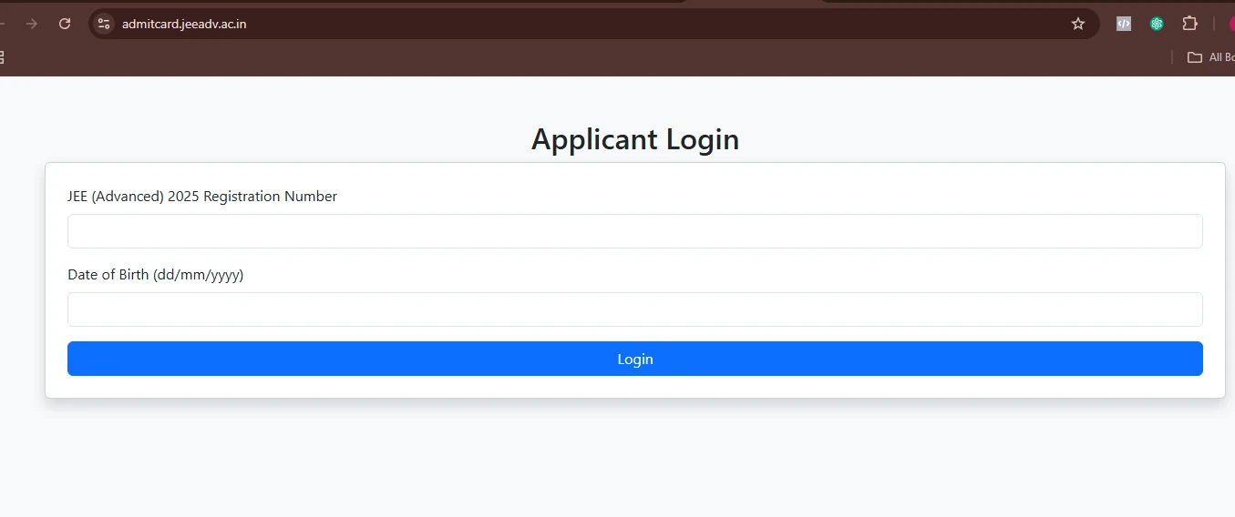 JEE Advanced 2025 applicant login page asking for registration number and date of birth.