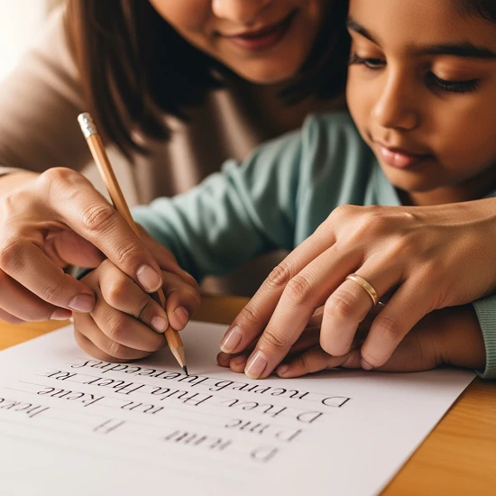 An Indian parent helping a young child practise cursive writing by guiding their hand with a pencil on lined paper