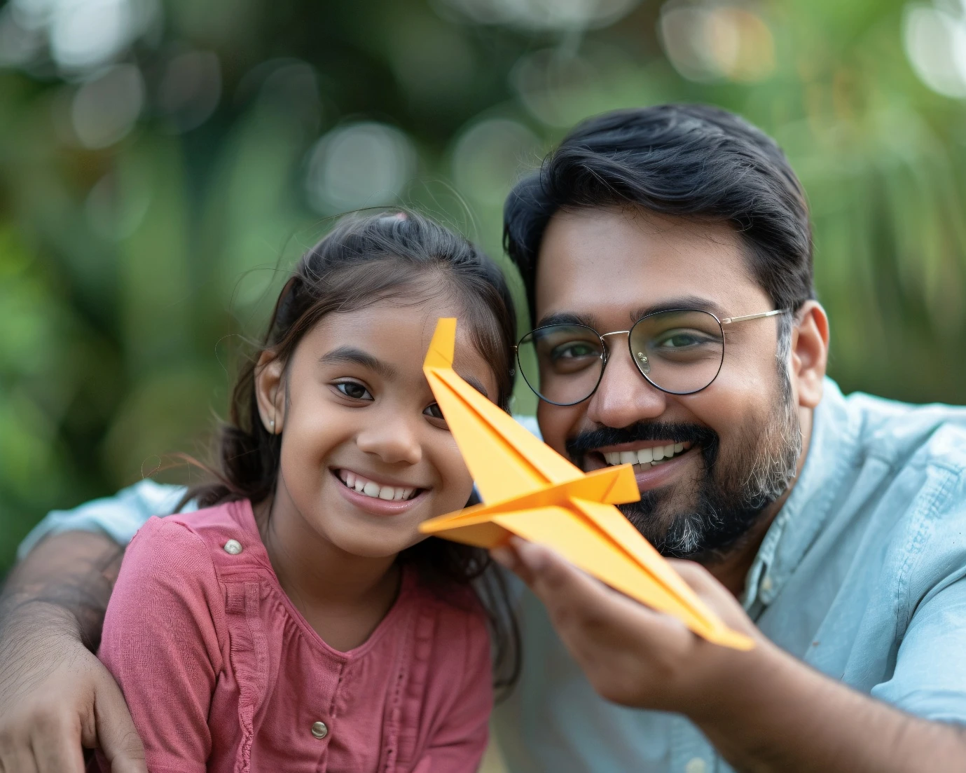Father and daughter smiling together while holding a bright orange origami airplane, enjoying quality time.
