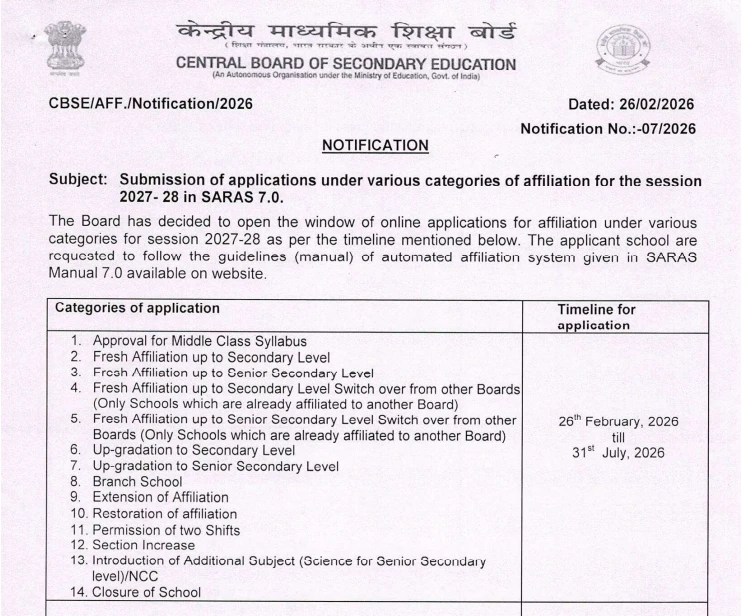 CBSE Notification 07/2026 announcing SARAS 7.0 online applications for school affiliation categories for session 2027-28
