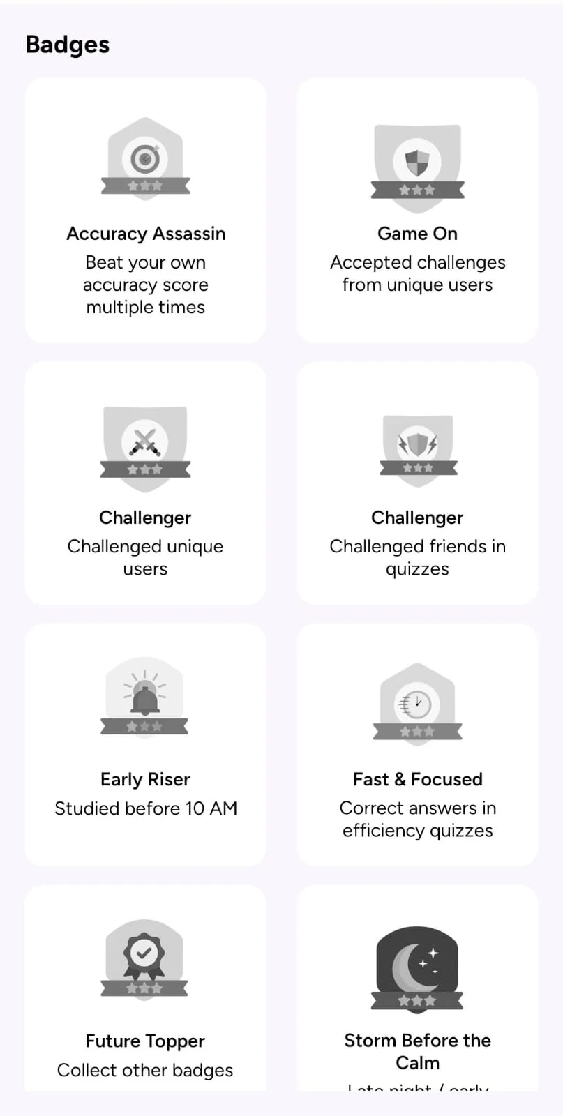 Tayari learning app gamified badges rewarding quiz performance, accuracy and study consistency for competitive exam preparation