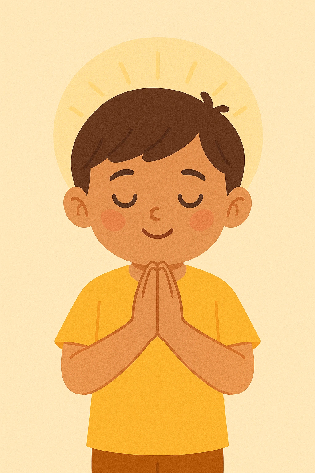 A digital illustration of a young boy with closed eyes and a peaceful smile, standing with hands folded in prayer