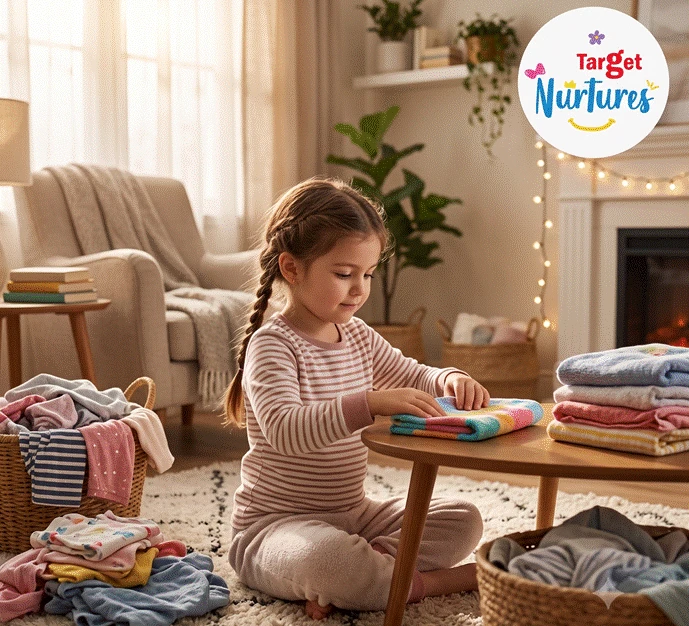 A toddler performing a routine chore like folding clothes, to learn by doing