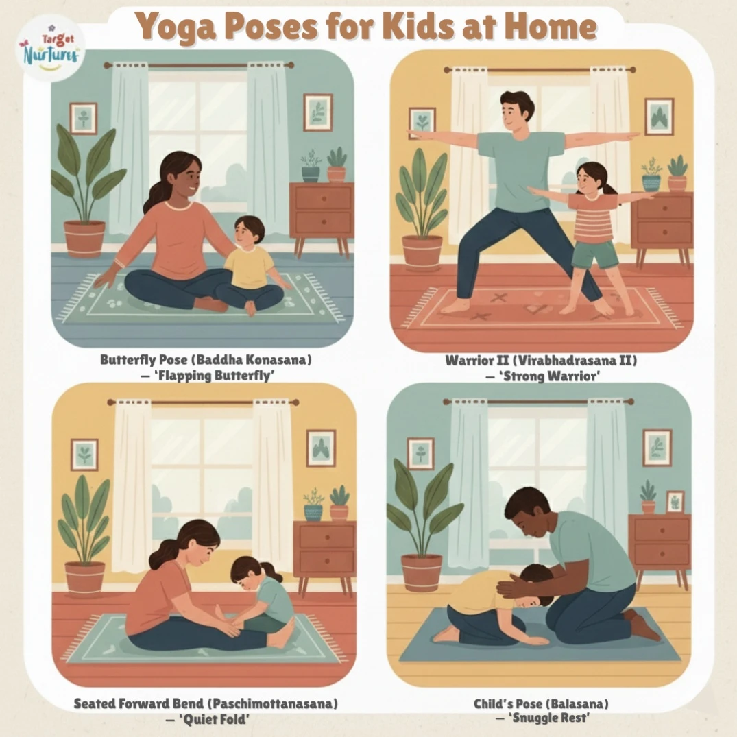 Parents helping kids practice easy yoga poses