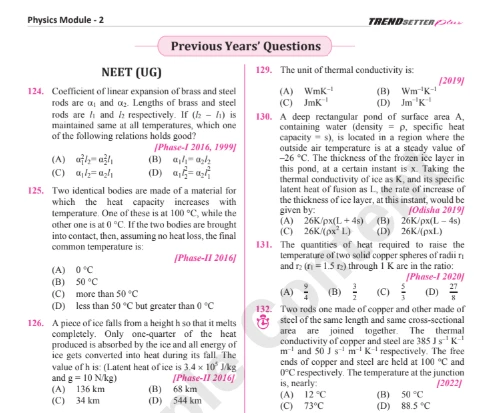 Trendsetter plus NEET UG physics PYQs on thermal expansion, heat capacity, and conductivity