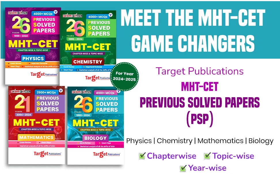 Target Publications MHT CET Previous Solved Papers (PSP) series for 2024-2025, featuring books for Physics, Chemistry, Mathematics, and Biology with chapter-wise and topic-wise analysis.