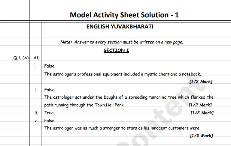 Model Activity Sheet Solution 1 for English, showing true/false answers with half-mark allocations for each statement