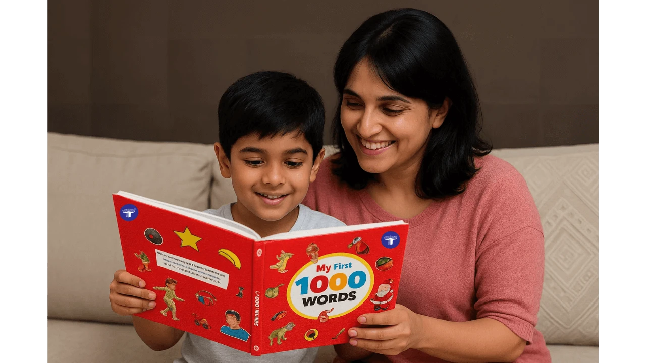 Mother and son smiling while reading the book My First 1000 Words together, showcasing early vocabulary learning through repetition.