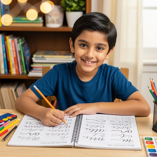 An Indian boy happily practising cursive writing in a workbook at a study desk, holding a pencil with colourful stationery around
