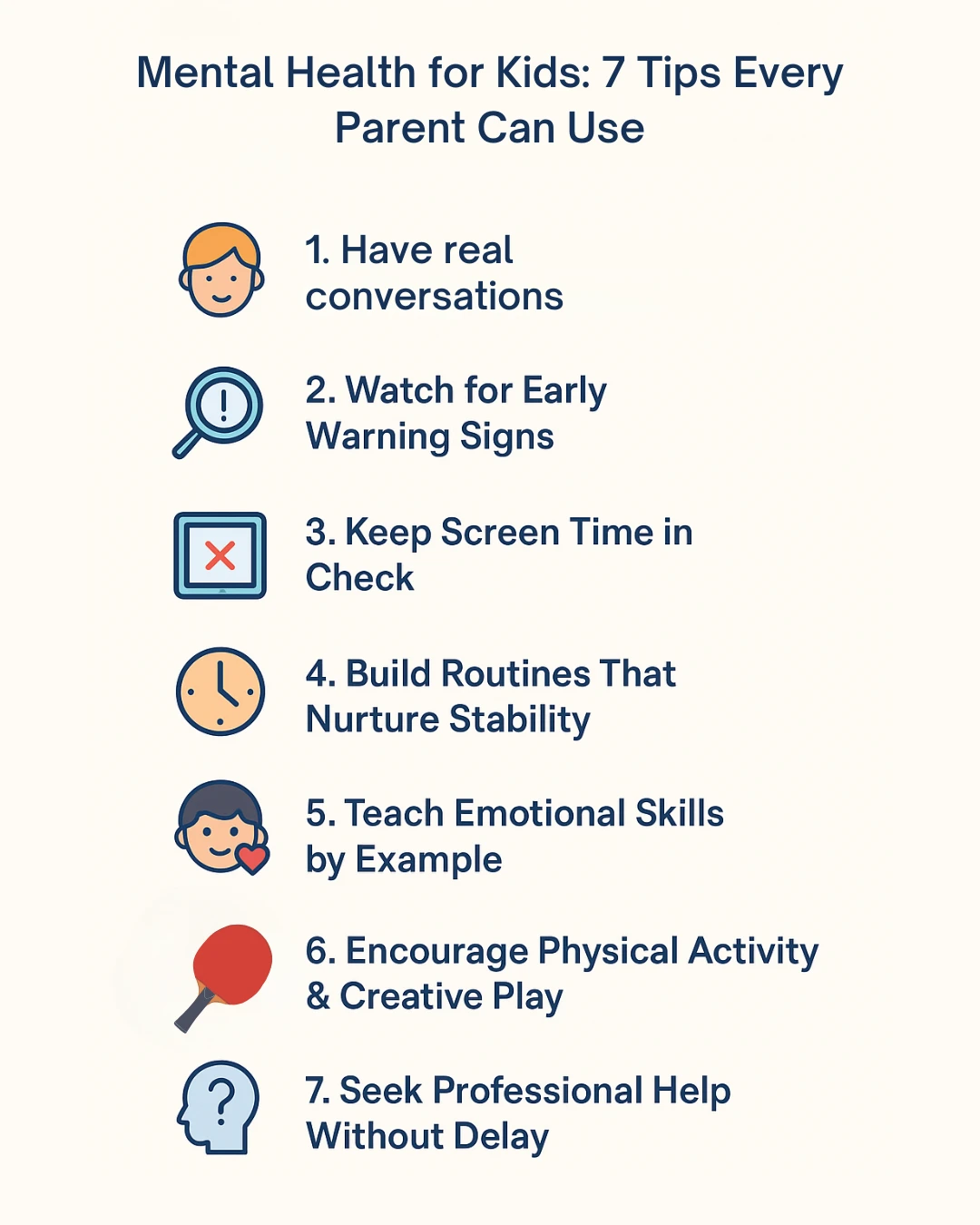 Infographic showing 7 parenting tips for children’s mental health
