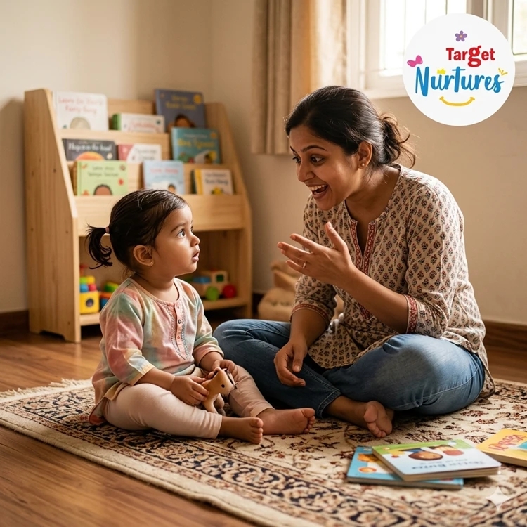 Parent and toddler sitting together on a rug, talking and learning through play as part of early education at home