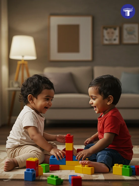 Toddlers taking turns playing with toys indoors