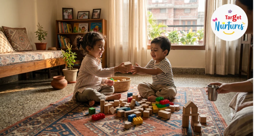 Two toddlers sitting together, happily sharing toy blocks during shared play