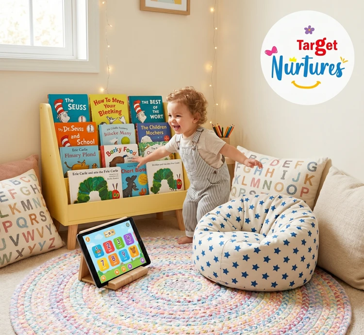 A cheerful toddler’s reading corner with colourful books and an educational app on a tablet, balancing screen time and reading