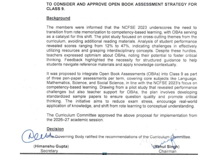 Document outlining the approval of CBSE Open Book Assessments for Class 9 starting from the 2026–27 academic session.