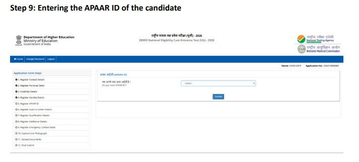 APAAR ID in NEET application form 2026