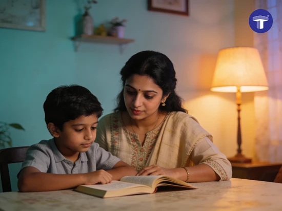 Indian parent and child doing colouring together, demonstrating healthy screen habits at home and calm routines