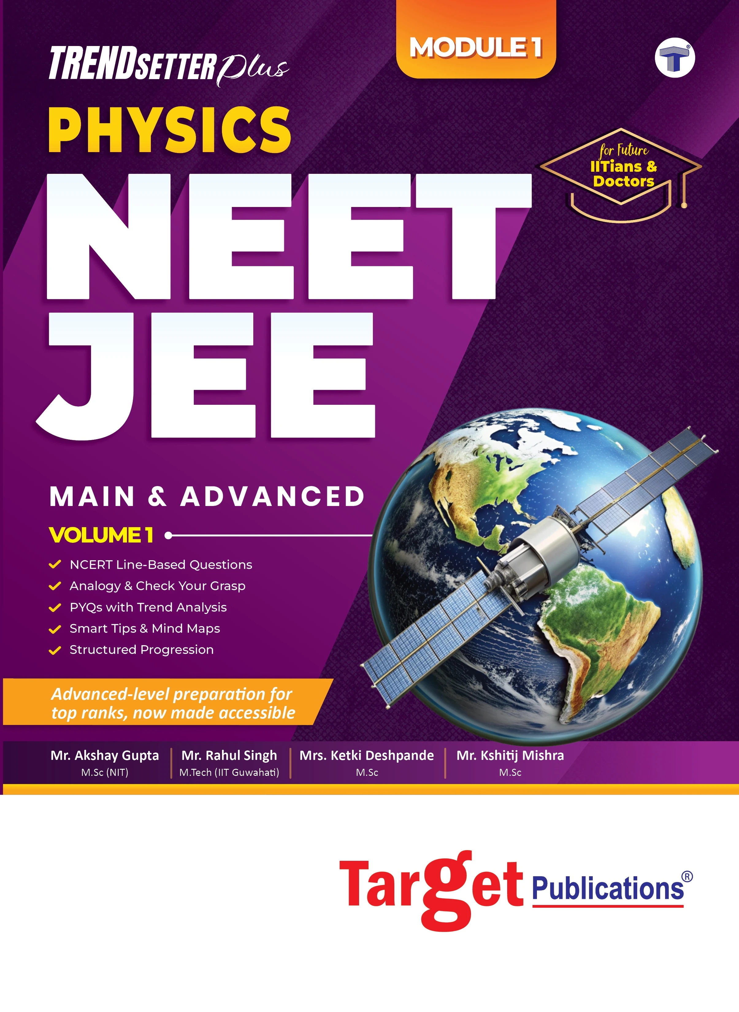 Trendsetter Plus Physics NEET JEE Main Advanced book cover with Tayari app features and 4.6 lakh MCQs