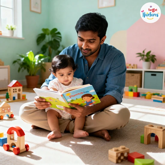 Parent reading a storybook with a young Generation Beta child in a warm cosy room that shows connection and curiosity