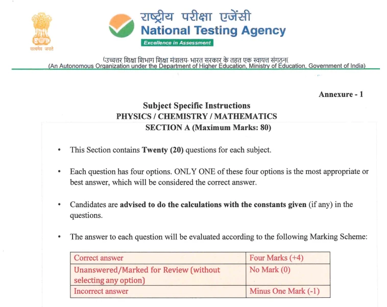 NTA JEE Main 2026 subject instructions for Physics, Chemistry, and Mathematics showing marking scheme and exam pattern