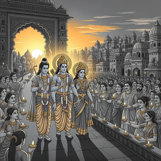 Illustration of Lord Rama, Sita, and Lakshman returning to Ayodhya as people light diyas to welcome them during Diwal