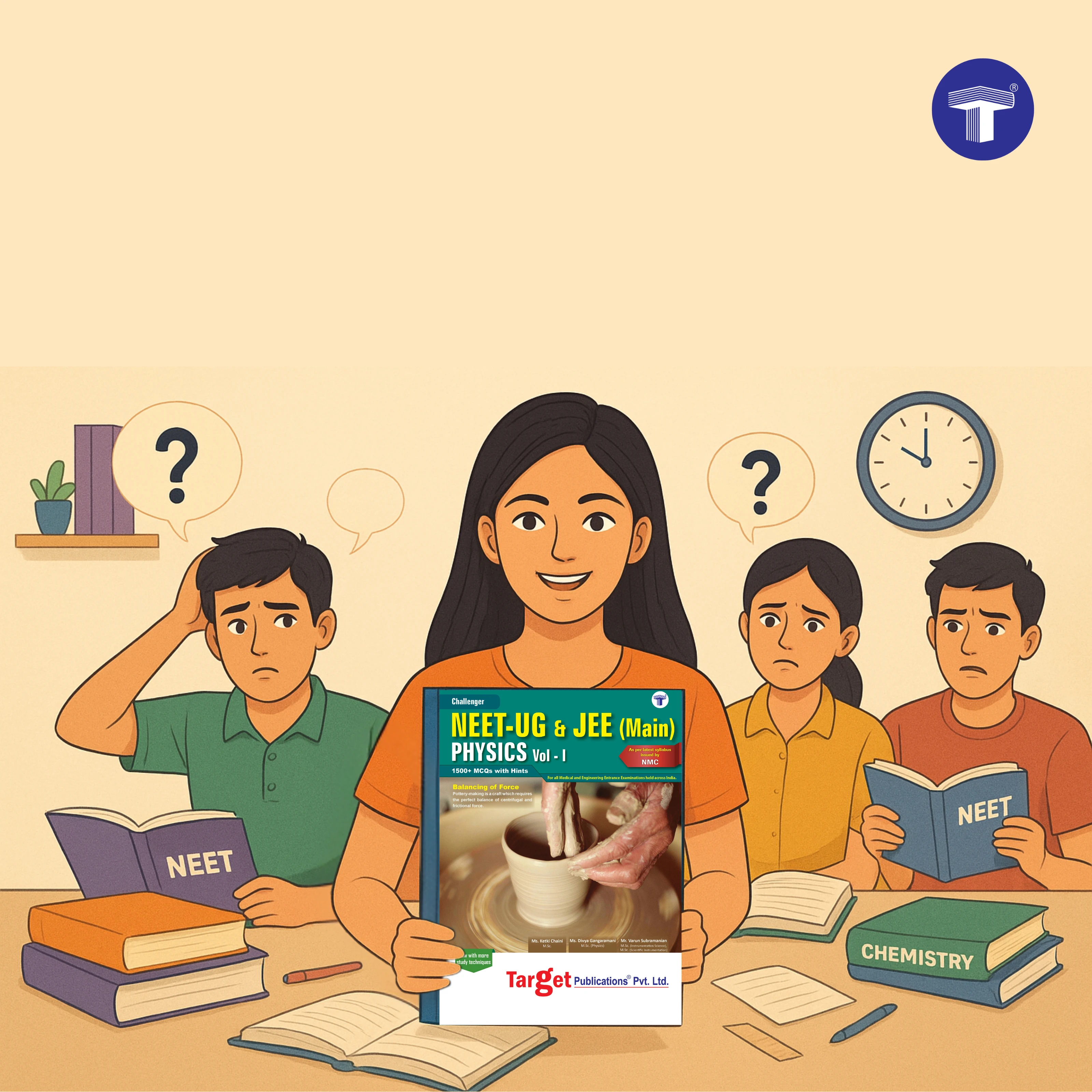 Students preparing for NEET and JEE with confusion, while one confidently holds Target Publications Physics book