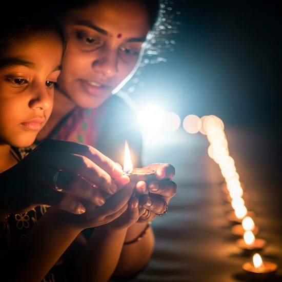 Child and mother lighting a diya together during Diwali, symbolising hope, love, and the reason for celebrating Diwali